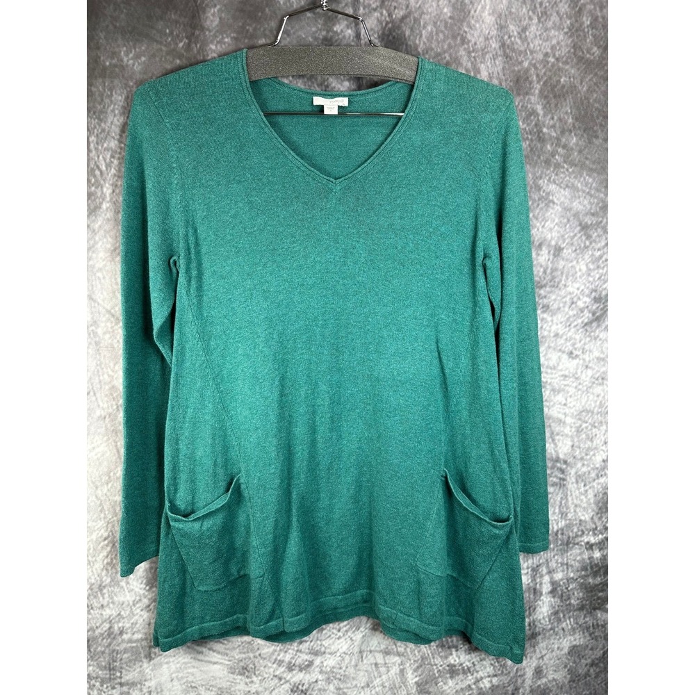 Pure Jill V-Neck Wearever Sweater Women Small Teal Green Cotton Cashmere Pockets